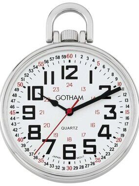 Gotham Men's Silver-Tone Slim Railroad 24 Hour Open Face Quartz Pocket Watch